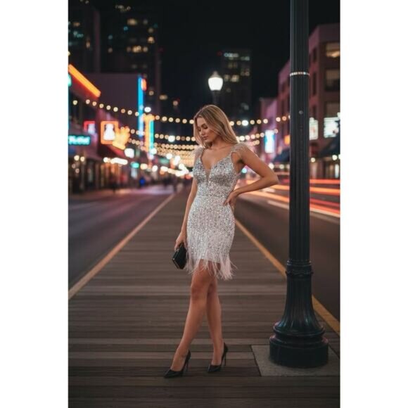 Gianni Bini GB Silver Sequin Feather Cocktail Dress Illusion V Neck - Picture 4 of 15